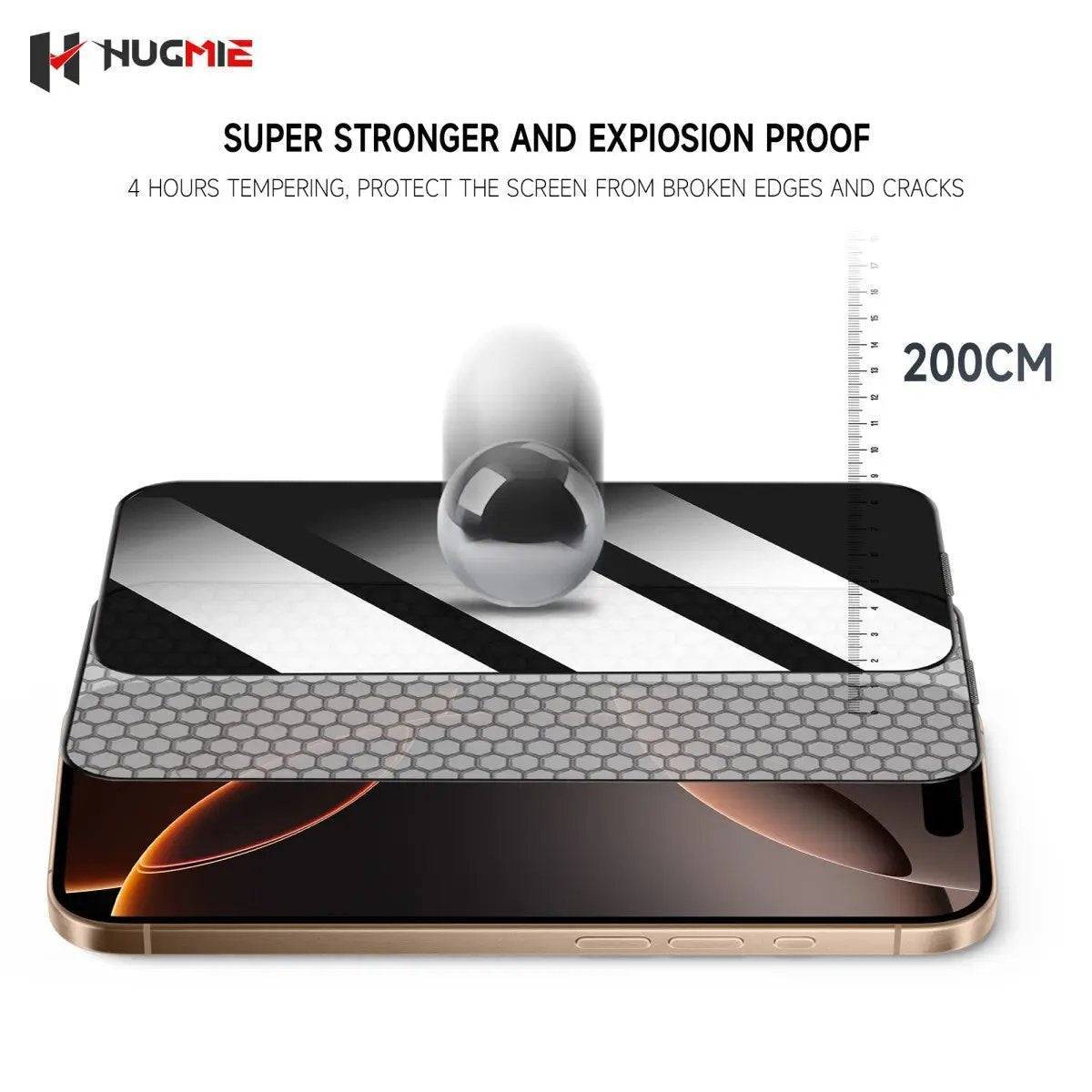 Hugmie Privacy Screen Protector with explosion-proof tempered glass, protecting iPhone screens from cracks and edge damage up to 200cm.