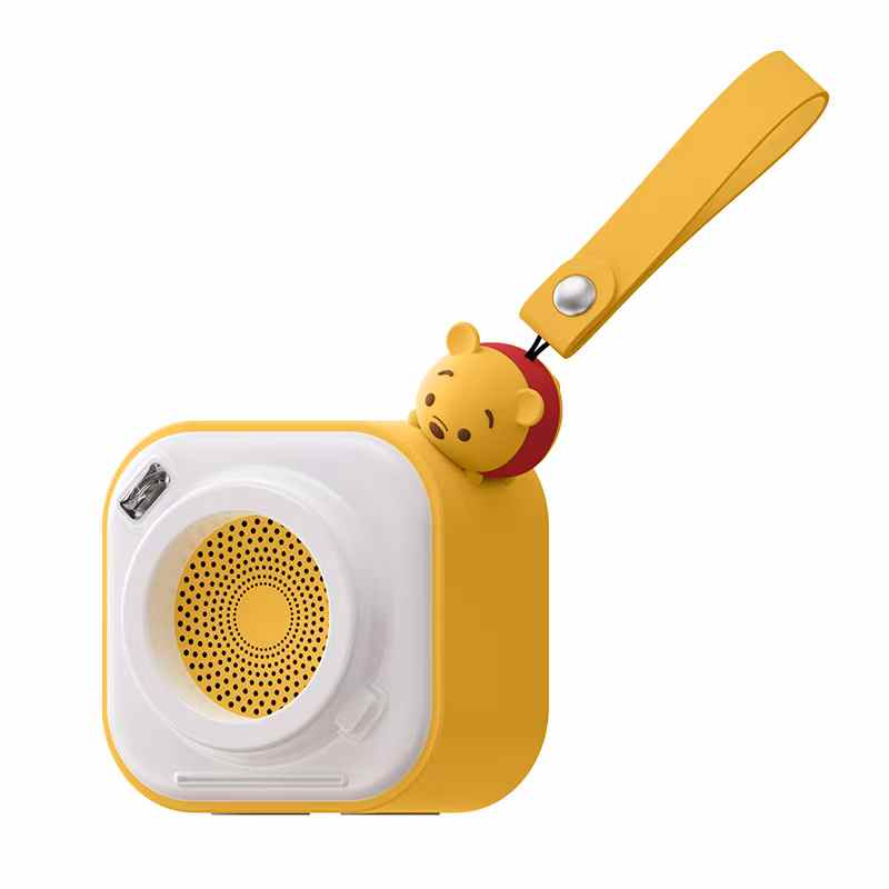 A132 Cute Cartoon Mini Wireless Bluetooth Speaker in yellow featuring a bear character strap, perfect for kids and travel-friendly use.