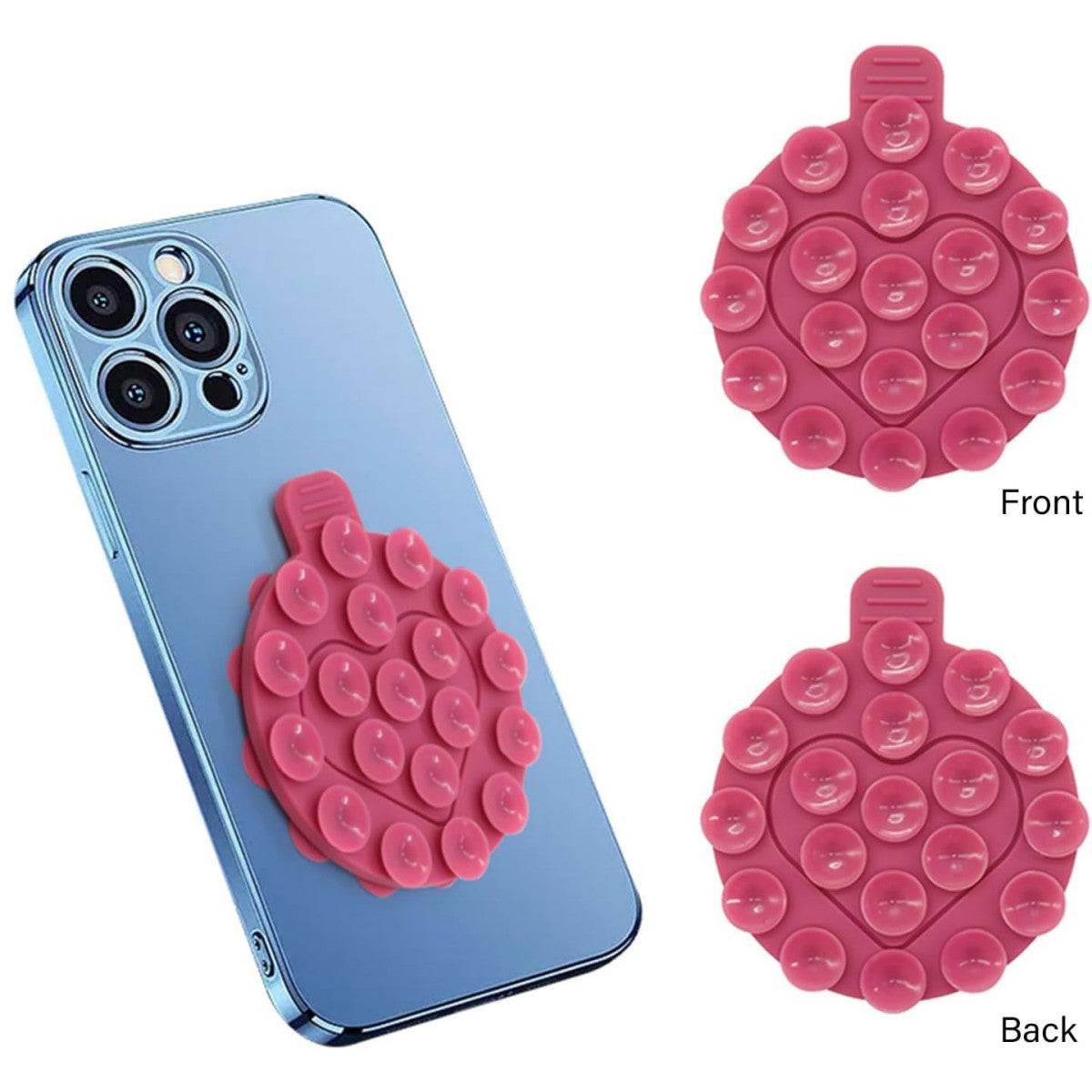 Pink heart-shaped silicone suction cup phone holder attached to a smartphone, showing front and back views.