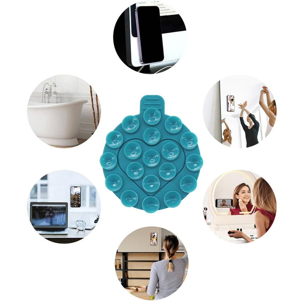 Teal heart-shaped silicone suction cup phone holder used in various locations like mirrors, walls, and gym equipment.