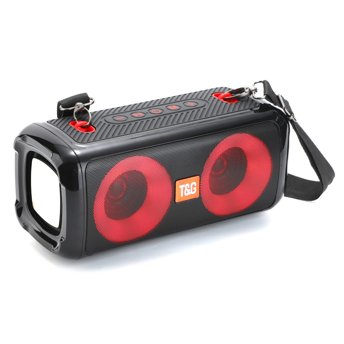 T&G TG641 RGB Wireless Bluetooth Speaker with 5W*2 Bass in black, featuring red LED lights, dual drivers, and a shoulder strap for portability.