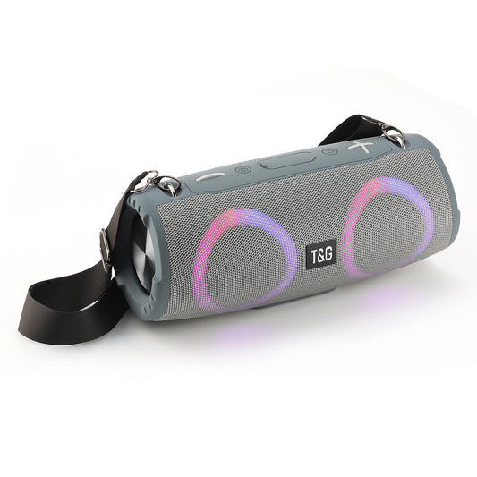 T&G TG676 30W portable Bluetooth speaker in grey with dual RGB light rings and carrying strap, perfect for immersive wireless sound.