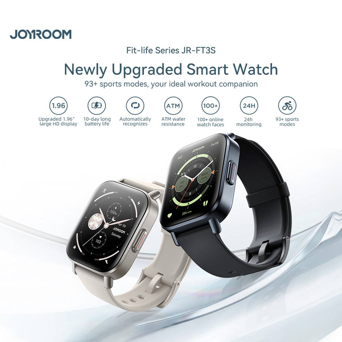 JOYROOM JR-FT3S Smart Watch in black and white variants, showcasing its 1.96-inch HD display and 93+ sports modes for fitness tracking.