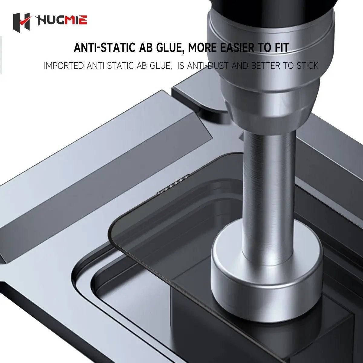 Hugmie Privacy Screen Protector with anti-static AB glue, ensuring strong adhesion, dust resistance, and easy installation on iPhone screens.