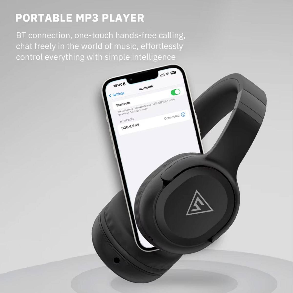 DOQAUS APEX5 Wireless Headphones connected via Bluetooth to a smartphone, showcasing hands-free calling and seamless connectivity.