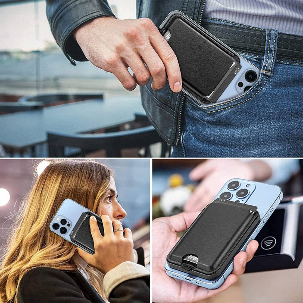 Collage of images showcasing the black leather magnetic wallet stand in various everyday scenarios. A stylish and functional phone accessory.