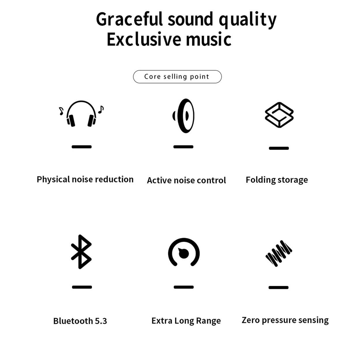 Key features of DMOOSTER D19 ANC Bluetooth Headphones, including active noise cancellation, Bluetooth 5.3, folding storage, and extra-long range.