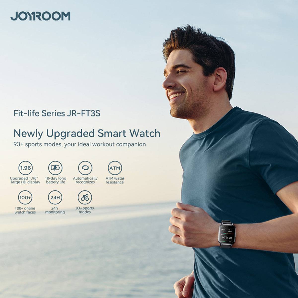 Man jogging while wearing the JOYROOM JR-FT3S Smart Watch. Features include 93+ sports modes, heart rate monitoring, and ATM water resistance.