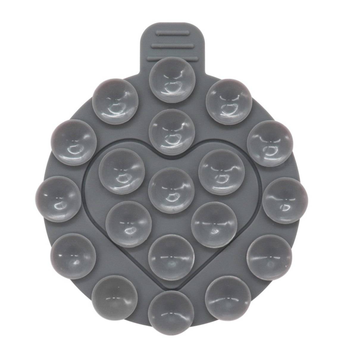 Gray heart-shaped silicone suction cup phone holder with reusable and strong adhesion for hands-free phone use.