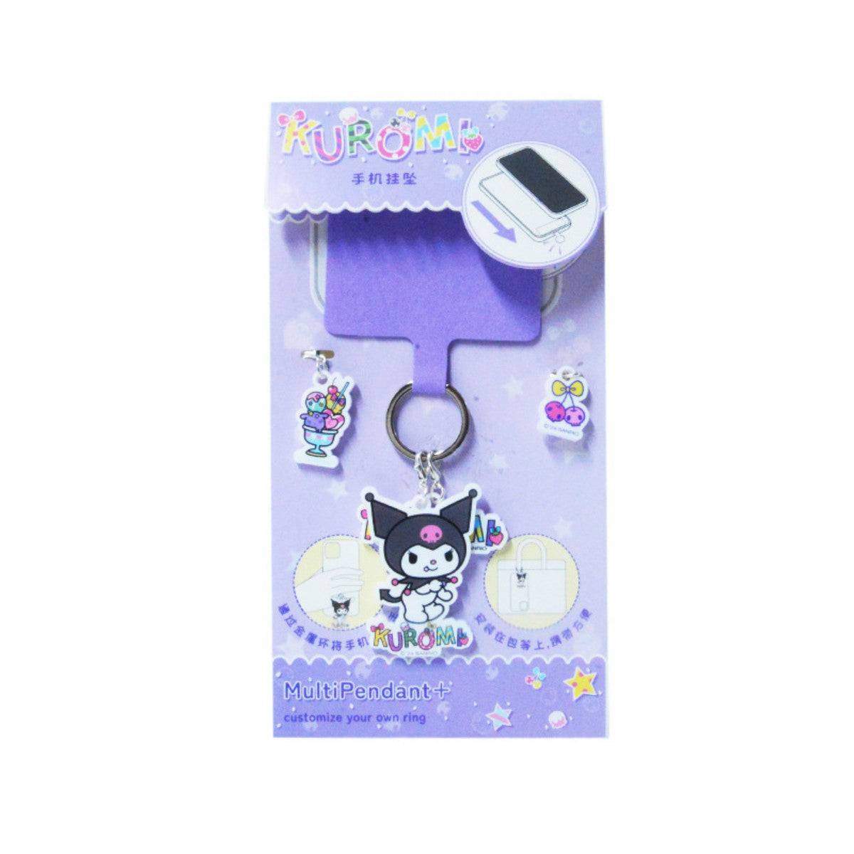 Kuromi-themed Sanrio Characters Phone Strap Keychain with a black and purple design. A stylish and durable phone charm for added personality.
