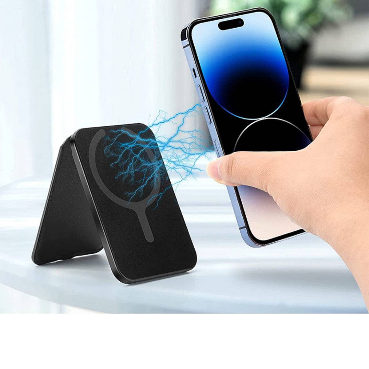 Magnetic wallet stand detaching from a smartphone with visible magnetic force effect. A convenient and secure phone accessory for everyday use.