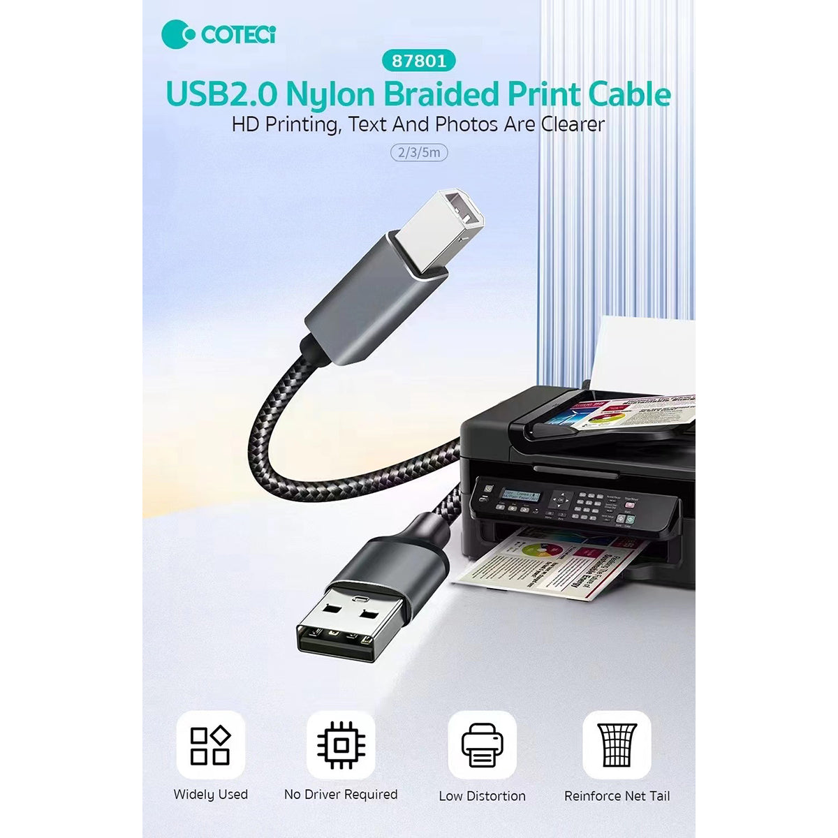 COTECi USB 2.0 Nylon Braided Printer Cable 87801 shown printing high-quality images, compatible with multiple printer models from Hugmie.