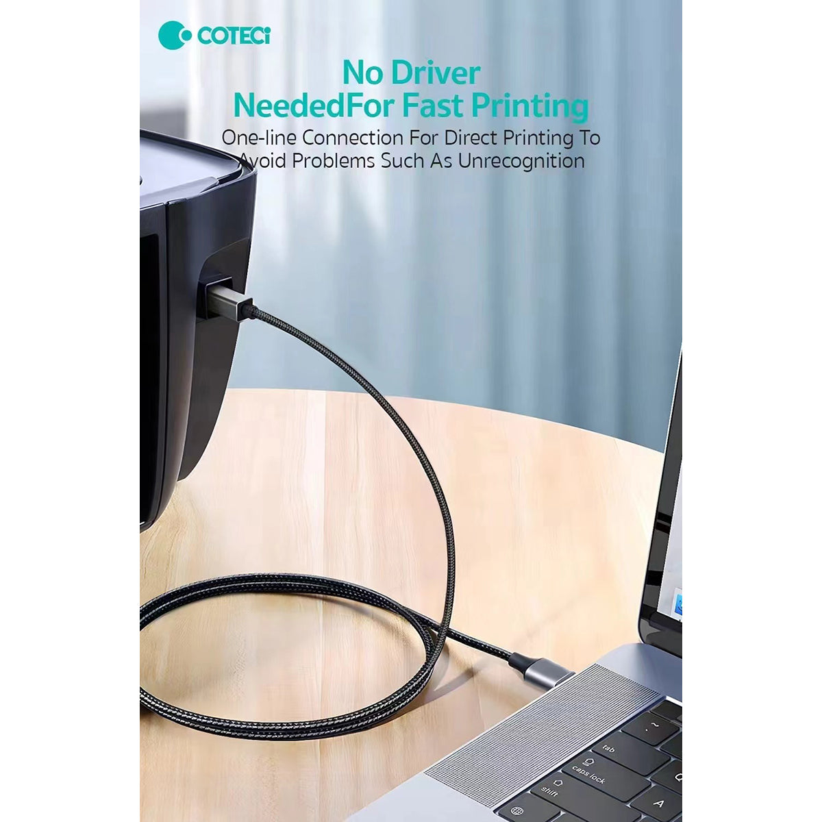 COTECi Nylon Braided USB 2.0 Printer Cable connected to a printer and laptop, showcasing plug-and-play functionality with no driver needed.