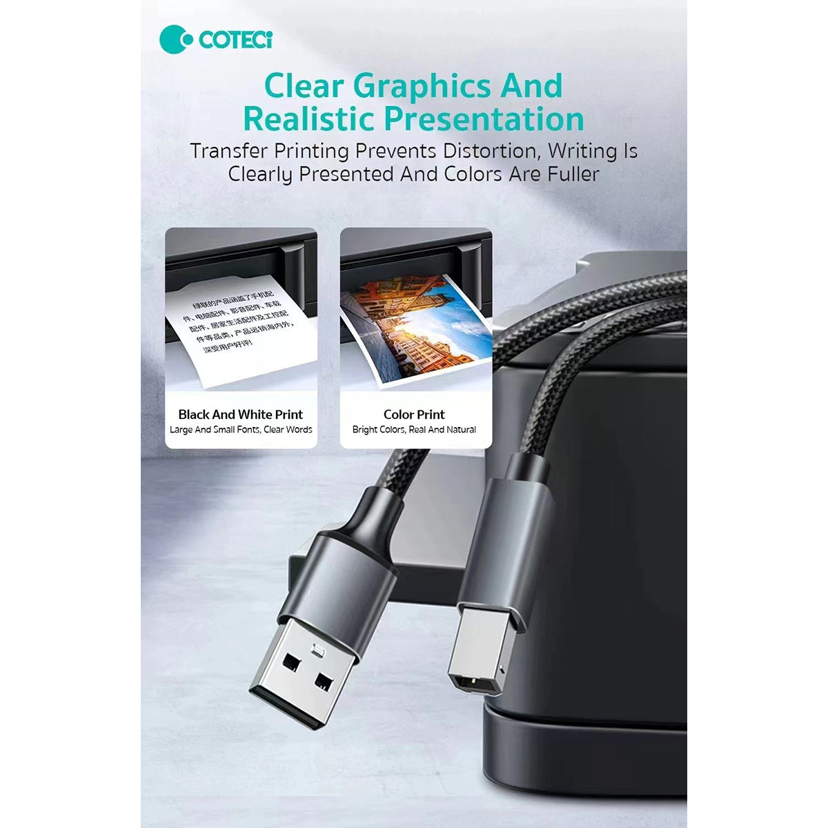 COTECi USB 2.0 Printer Cable ensures clear graphics and color prints with minimal distortion, ideal for professional and home printing needs.