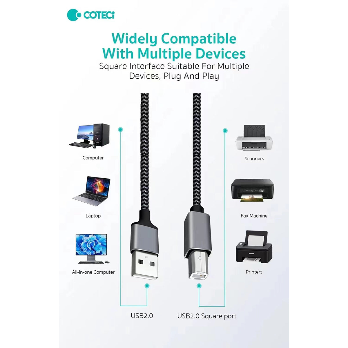 COTECi Nylon Braided USB 2.0 Printer Cable supports wide compatibility with computers, laptops, printers, scanners, and fax machines.