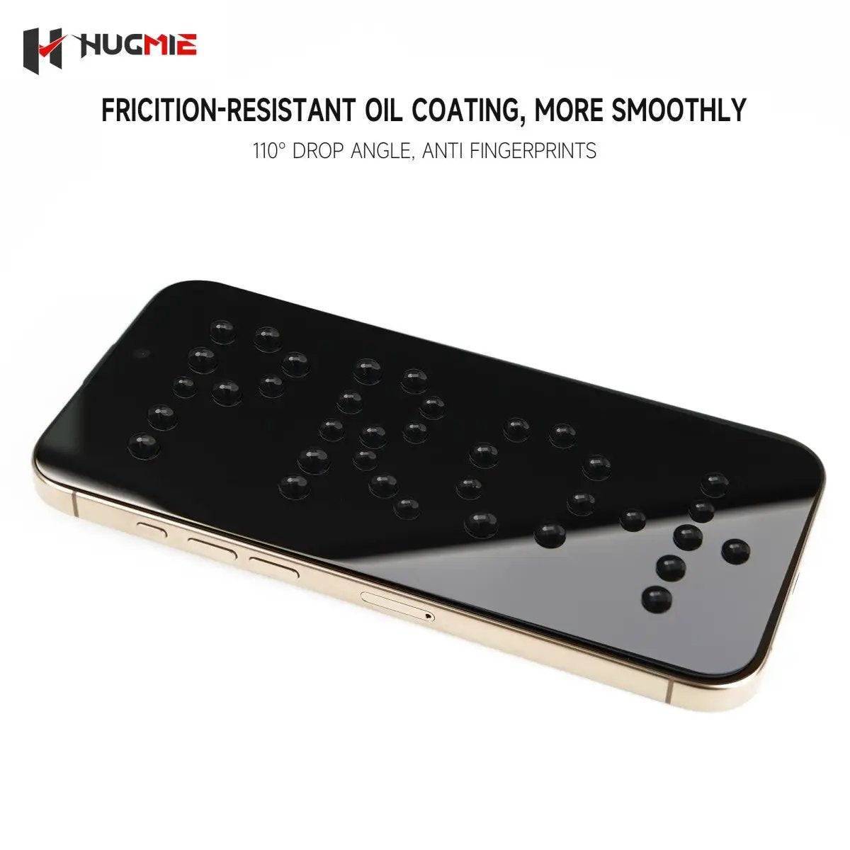 Hugmie Privacy Screen Protector with friction-resistant oil coating, 110-degree drop angle, and anti-fingerprint technology for smooth touch.