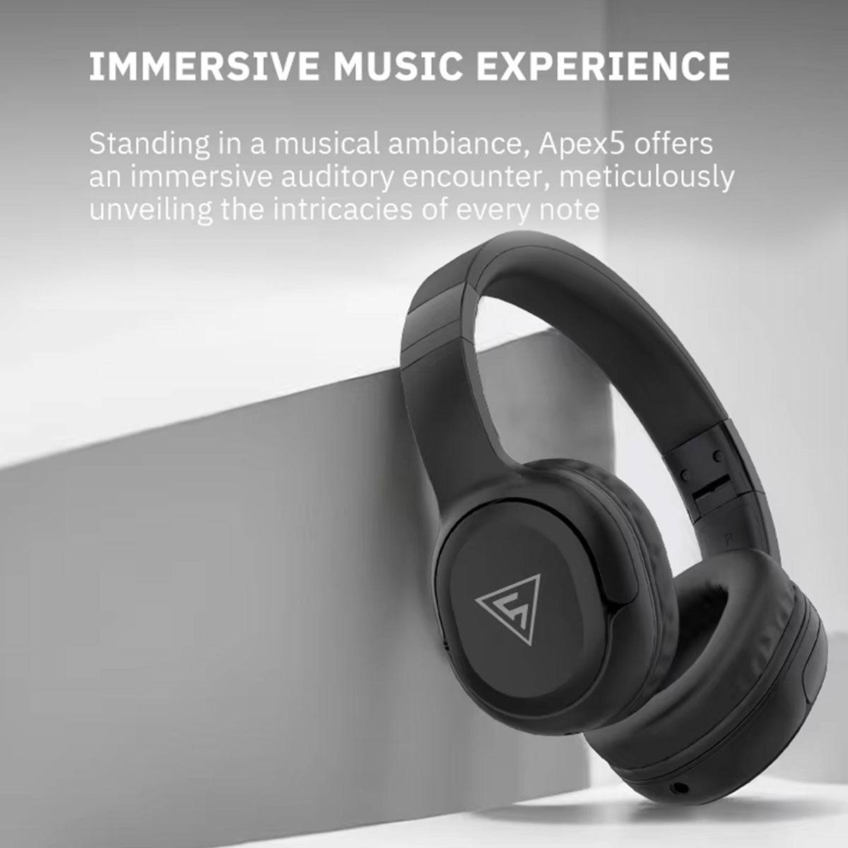 DOQAUS APEX5 Wireless Headphones resting against a surface, highlighting immersive music experience with deep sound quality.