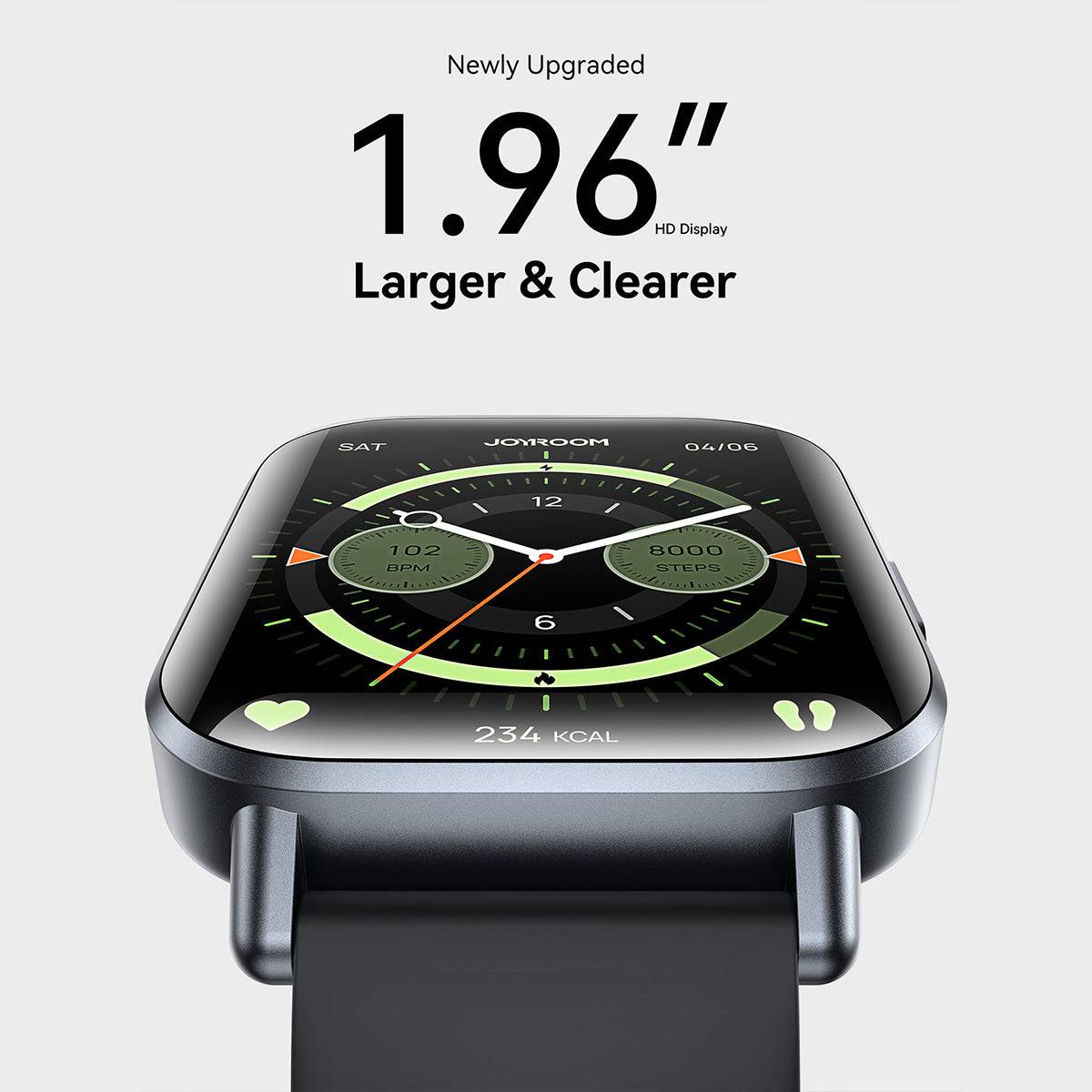 Close-up of the JOYROOM JR-FT3S Smart Watch highlighting its 1.96-inch HD display. Offers a larger and clearer screen for better visibility.