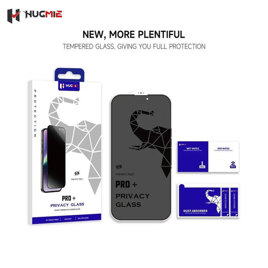 Hugmie Privacy Screen Protector for iPhone with tempered glass, anti-spy protection, and full installation kit for secure screen coverage.