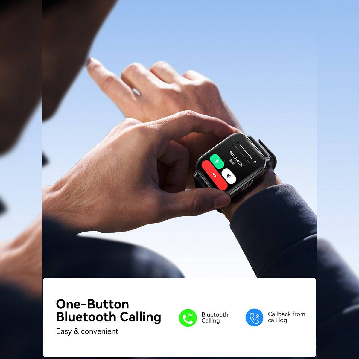 User making a Bluetooth call with the JOYROOM JR-FT3S Smart Watch. Features one-button calling and call log access for convenience.
