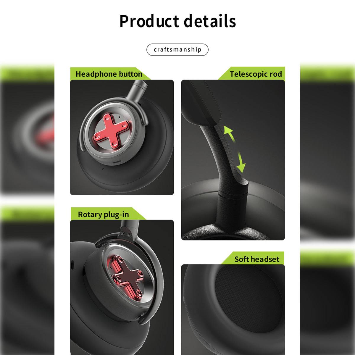 Close-up of DMOOSTER D19 ANC Bluetooth Headphones highlighting headphone buttons, telescopic rod, rotary plug-in, and soft ear cushions.