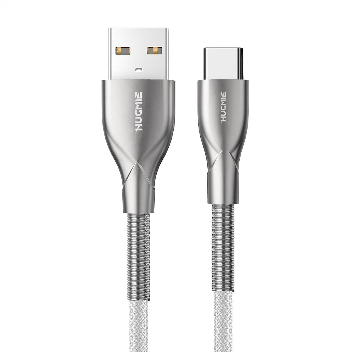 Hugmie Nylon Braided 18W USB-A to Type-C Charger Cable with durable zinc metal housing for fast charging and data transfer.