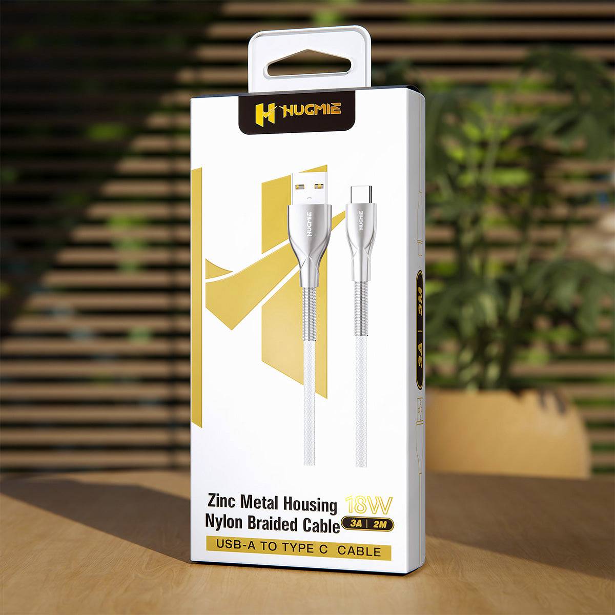 Hugmie Nylon Braided 18W USB-A to Type-C Charger Cable in premium packaging, featuring a 2M length and durable design.