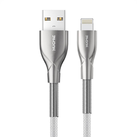 Hugmie Nylon Braided 12W USB-A to Lightning Charger Cable with durable zinc metal housing, tangle-free design, and fast charging capability.