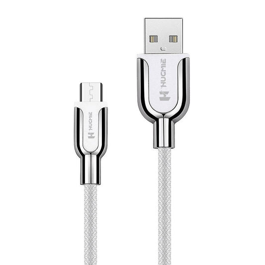 Hugmie Nylon Braided 18W USB-A to Micro Charger Cable 2M with durable zinc metal housing, fast charging, and tangle-free design.