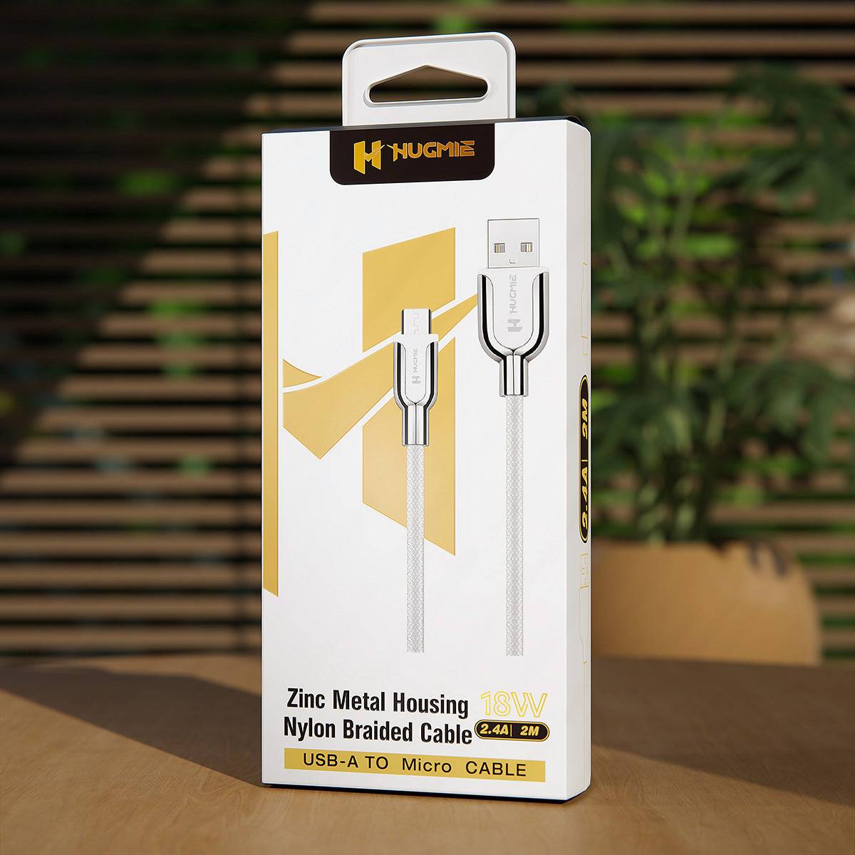 Packaging of Hugmie Nylon Braided 18W USB-A to Micro Charger Cable 2M, highlighting its zinc metal housing, fast charging, and 2M length.