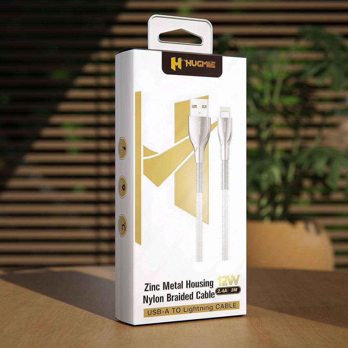 Hugmie Nylon Braided 12W USB-A to Lightning Charger Cable in stylish packaging, highlighting a 3-meter length, strong metal housing, and fast charging support.