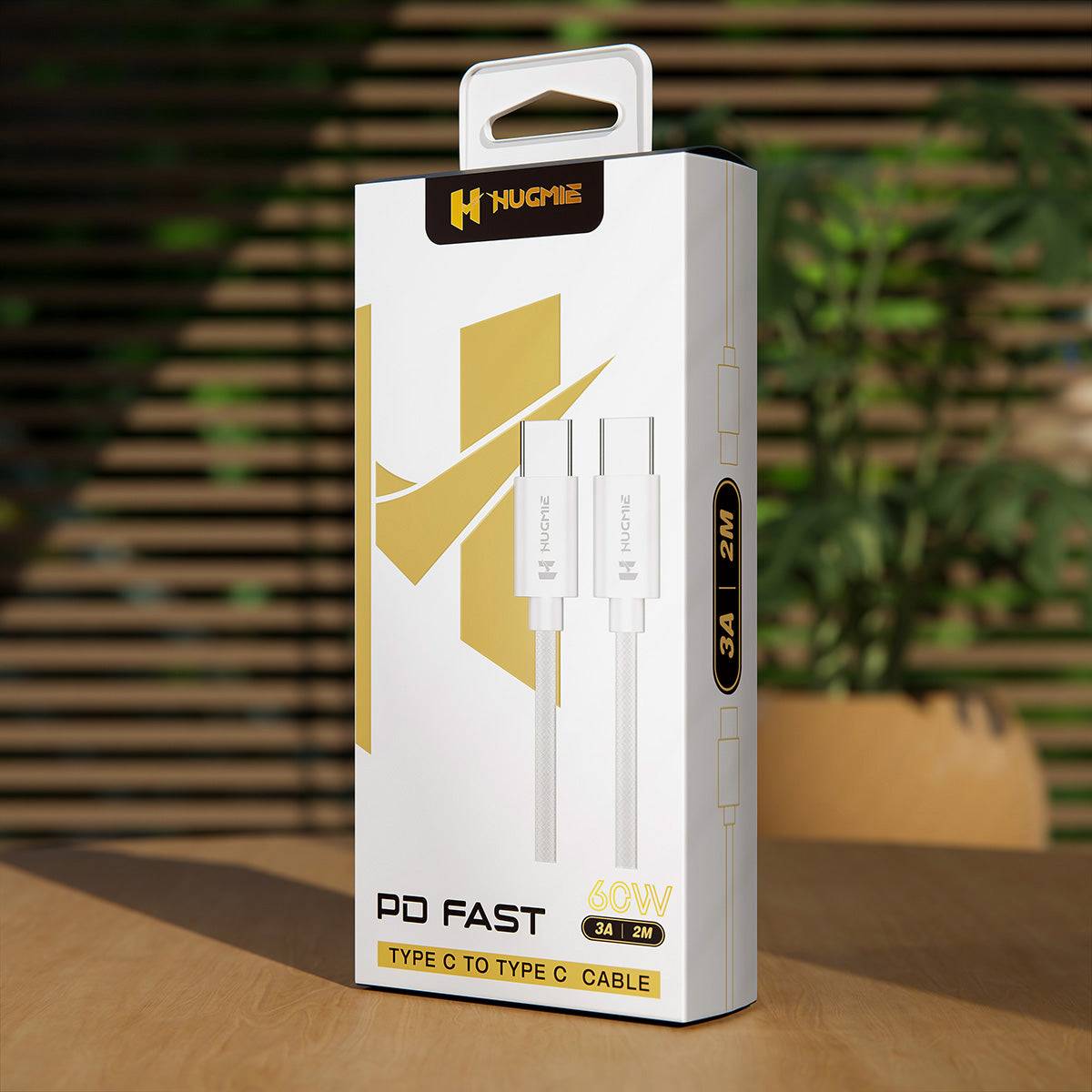 Hugmie PD Fast 60W Type C to Type C Charger Cable packaging in a 2-meter variant, designed for efficient charging and data transfer.