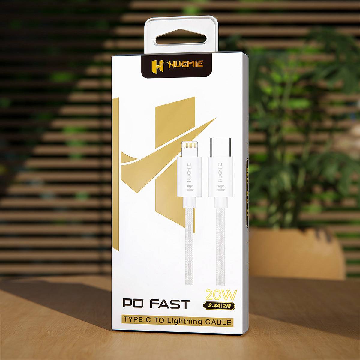 Hugmie Nylon Braided 20W Type C to Lightning Charger Cable 2M in premium packaging, highlighting fast charging and durability.