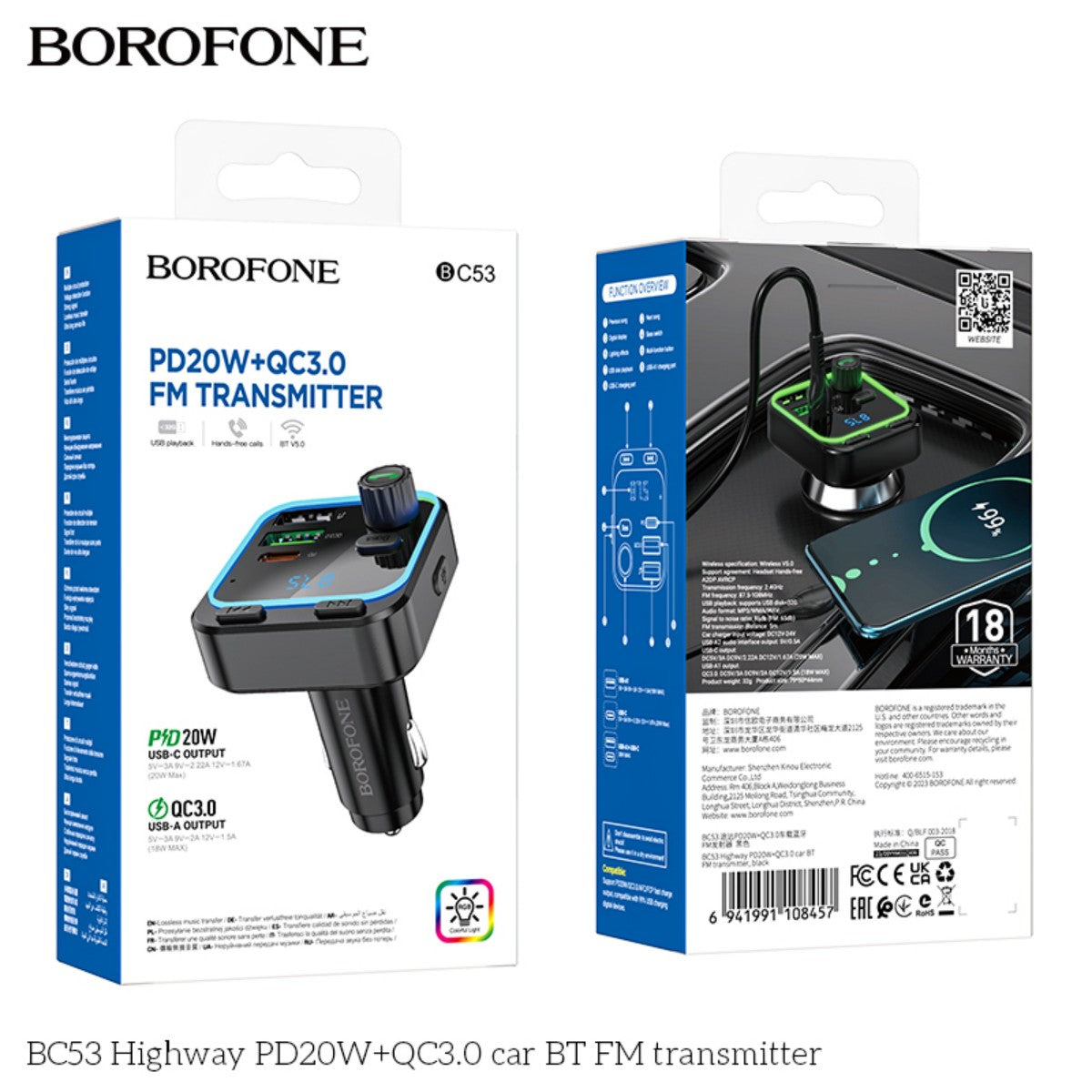 Retail packaging of BOROFONE BC53 Highway PD20W+QC3.0 car Bluetooth FM transmitter with product features and specifications.