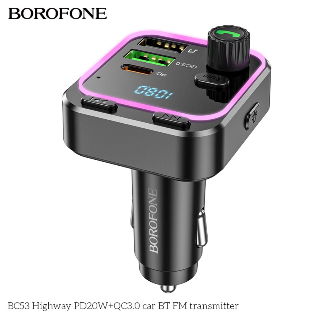 BOROFONE BC53 FM transmitter in black with pink LED trim, featuring dual USB ports and digital frequency display for car audio.