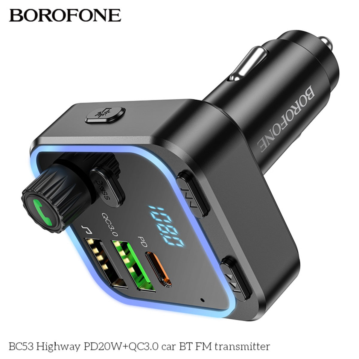 BOROFONE BC53 Bluetooth FM transmitter with blue LED border, showing USB ports, frequency display, and control buttons for car use.