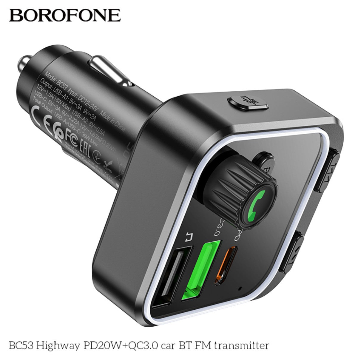 Side view of BOROFONE BC53 FM transmitter with visible USB ports and call button, designed for in-car charging and audio streaming.