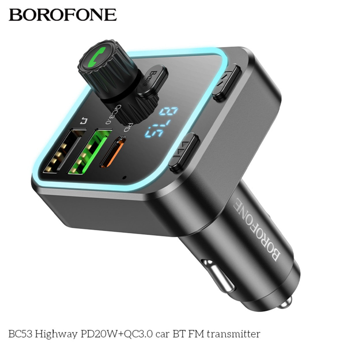 BOROFONE BC53 Highway PD20W+QC3.0 car Bluetooth FM transmitter with LED display, dual USB ports, and multifunction control knob.