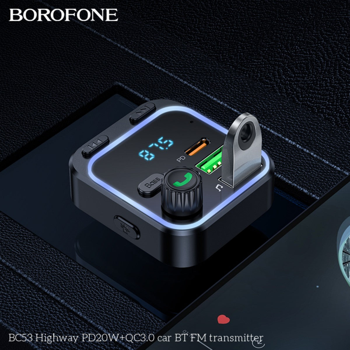 Close-up of BOROFONE BC53 Bluetooth FM transmitter in a car, highlighting USB ports, LED screen, and music playback via USB drive.
