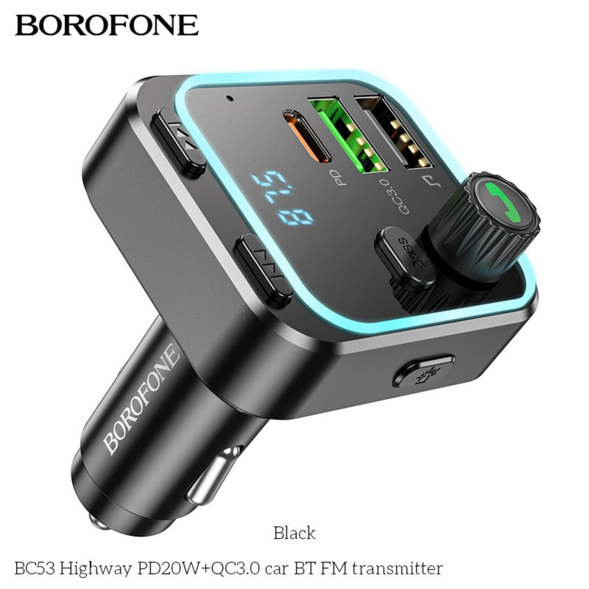 BOROFONE BC53 Highway PD20W+QC3.0 Bluetooth FM transmitter in black with blue LED, dual USB ports, and digital display for cars.