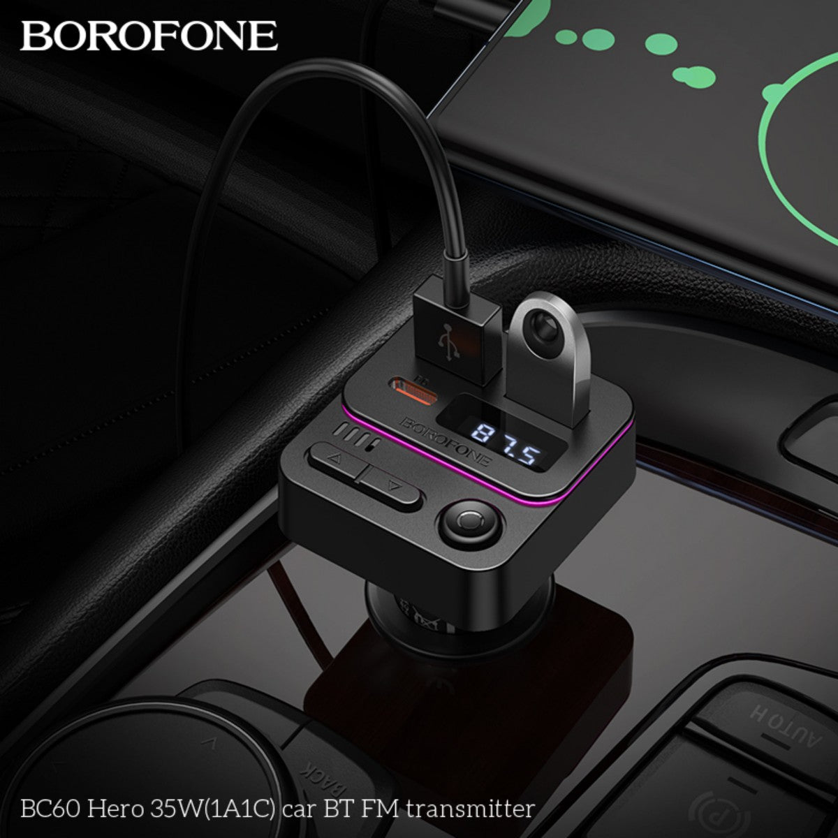 BOROFONE BC60 Hero 35W Car Bluetooth FM Transmitter installed in car, charging multiple devices with LED frequency display.