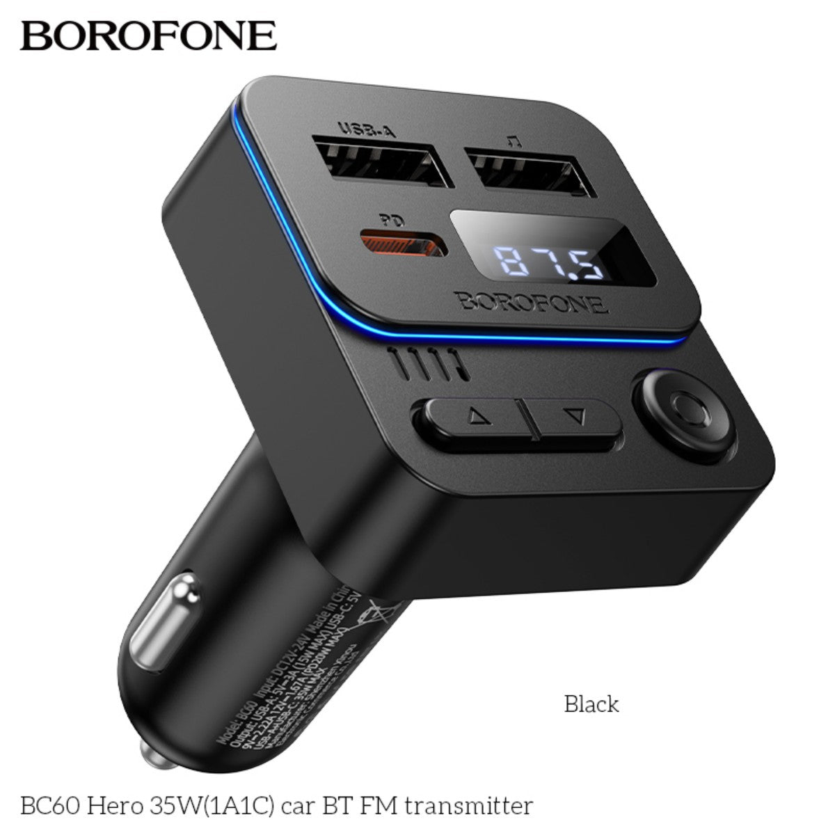 BOROFONE BC60 Hero 35W Car Bluetooth FM Transmitter with dual USB ports, LED display, and multifunction buttons in black finish.