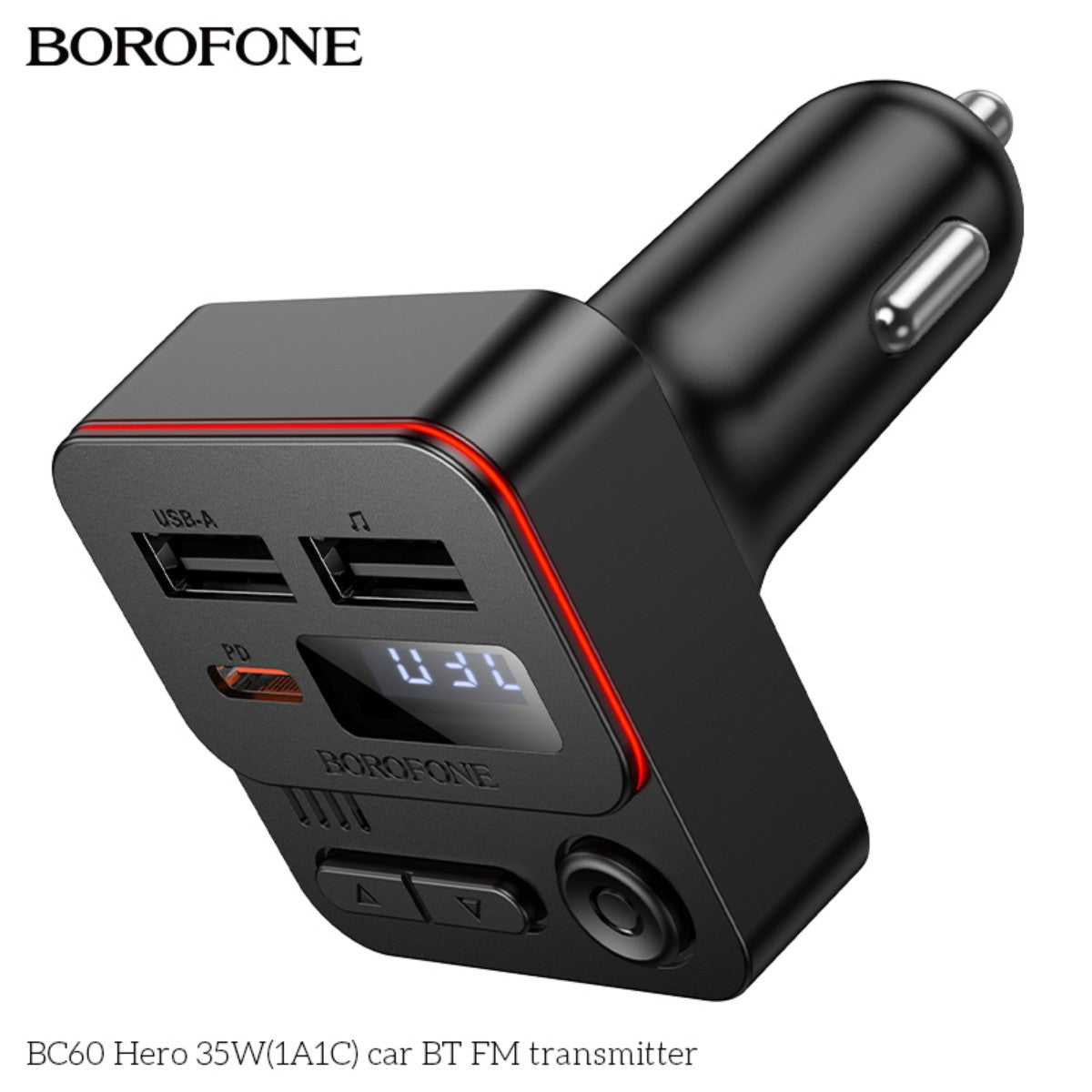 BOROFONE BC60 Hero 35W Car Bluetooth FM Transmitter with red accent, dual USB ports, and digital frequency display.