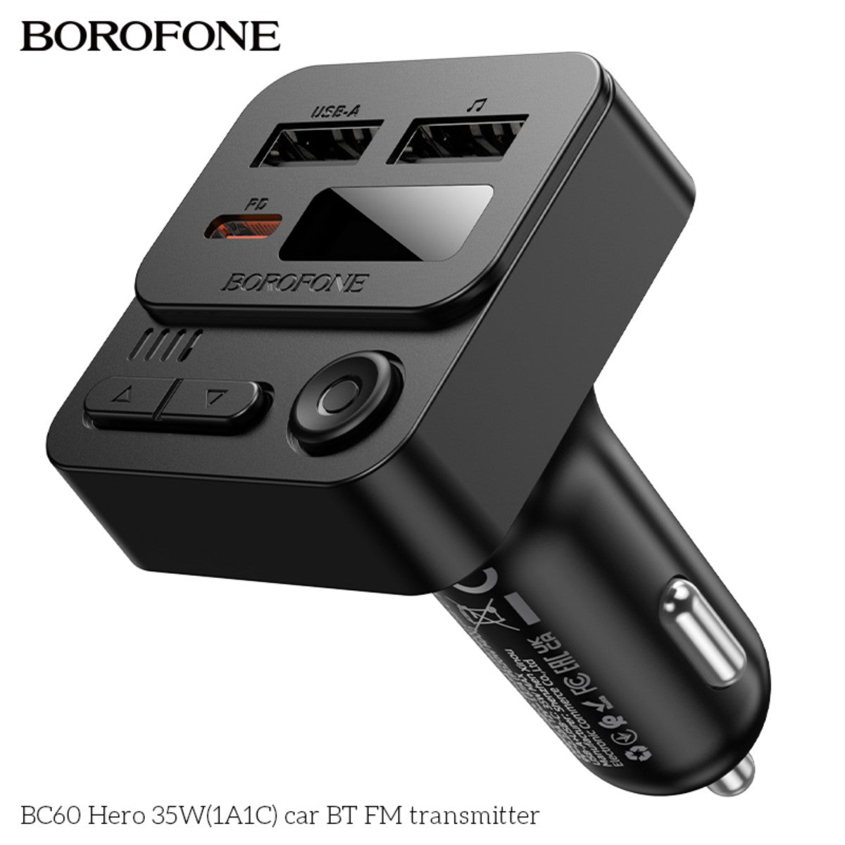 Close-up of BOROFONE BC60 Hero 35W Car Bluetooth FM Transmitter showing USB ports, control buttons, and compact design.