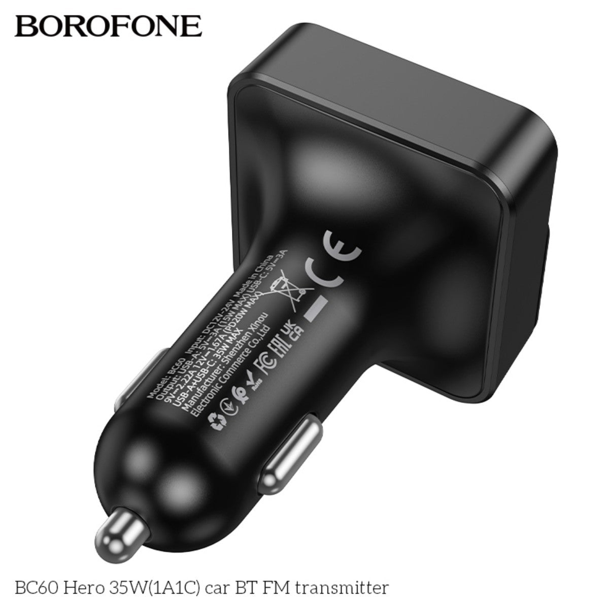 Rear view of BOROFONE BC60 Hero 35W Car Bluetooth FM Transmitter showing car charger plug and product labeling.