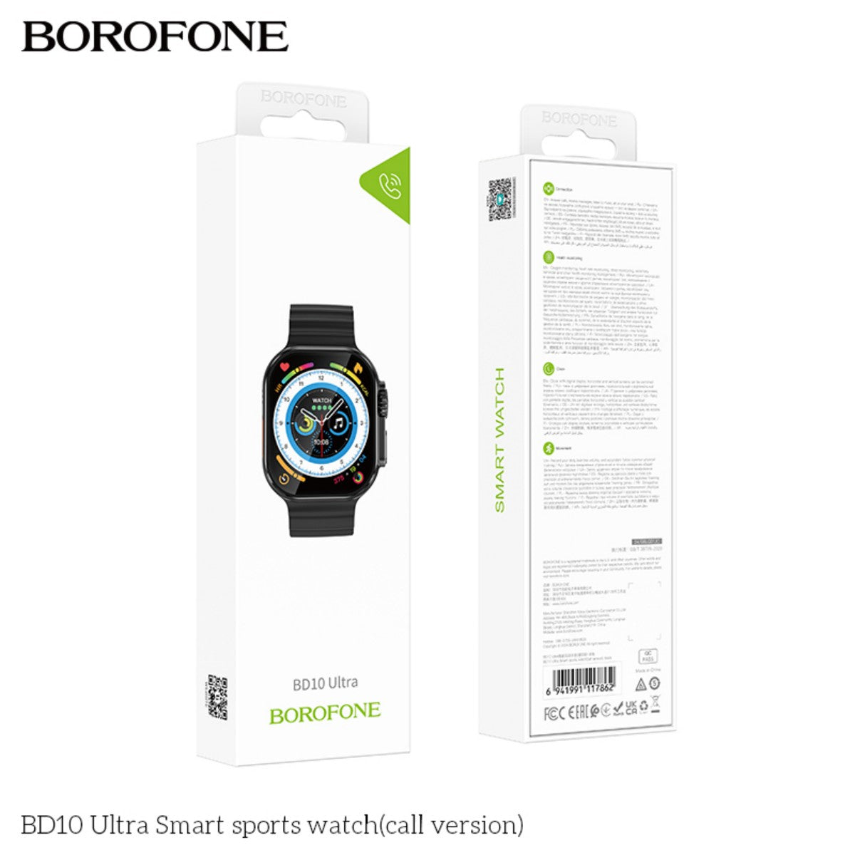 Retail packaging of BOROFONE BD10 Ultra Smart Sports Watch Black (Call Version) showing front and back views, suitable for e-commerce display.