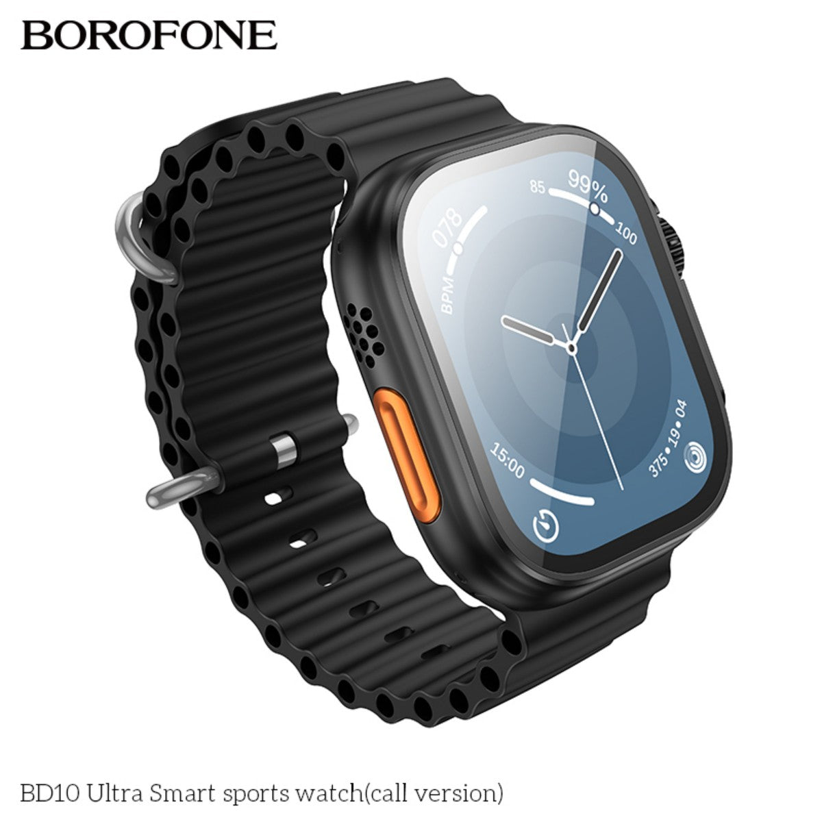 Side view of BOROFONE BD10 Ultra Smart Sports Watch Black (Call Version) featuring a rugged strap and sleek design for active lifestyles.