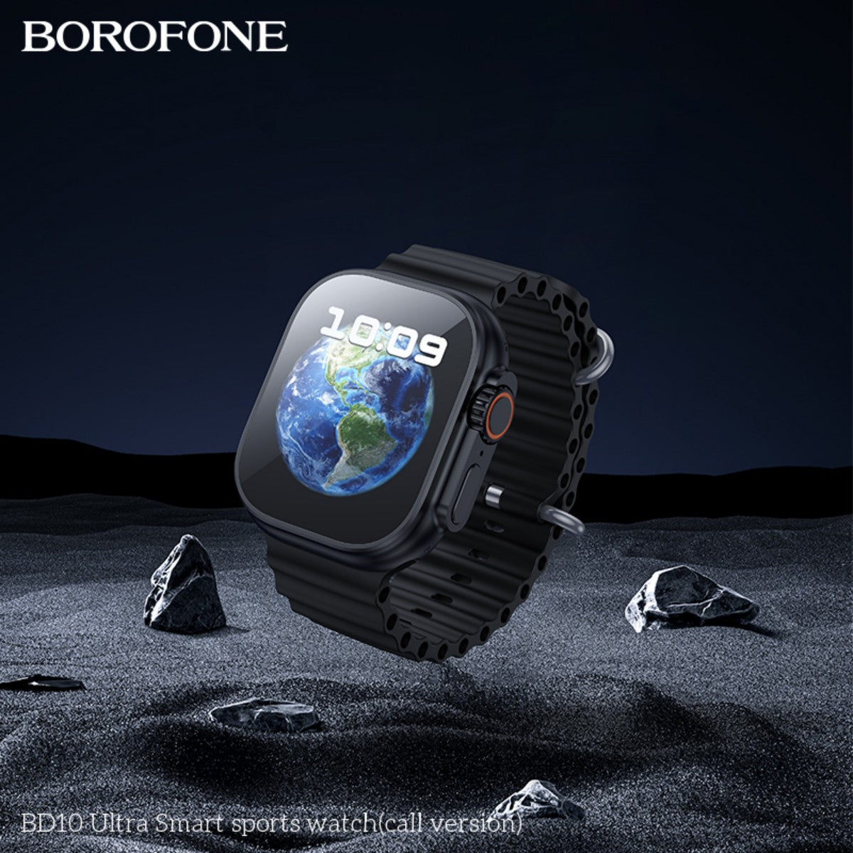BOROFONE BD10 Ultra Smart Sports Watch Black (Call Version) displayed in a futuristic setting with Earth-themed watch face, highlighting tech appeal.