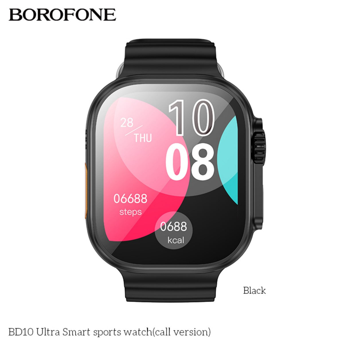 BOROFONE BD10 Ultra Smart Sports Watch Black (Call Version) with colorful digital display showing steps and calories, ideal for fitness tracking.