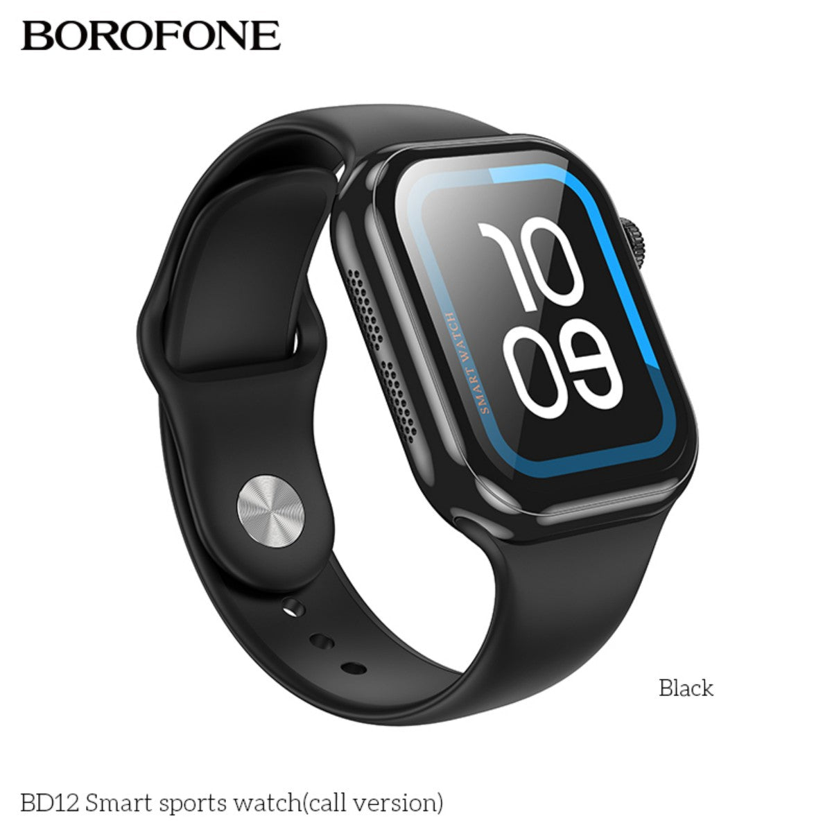 BOROFONE BD12 Smart Sports Watch Black (Call Version) with sleek rectangular display and silicone strap, ideal for fitness and tech enthusiasts.